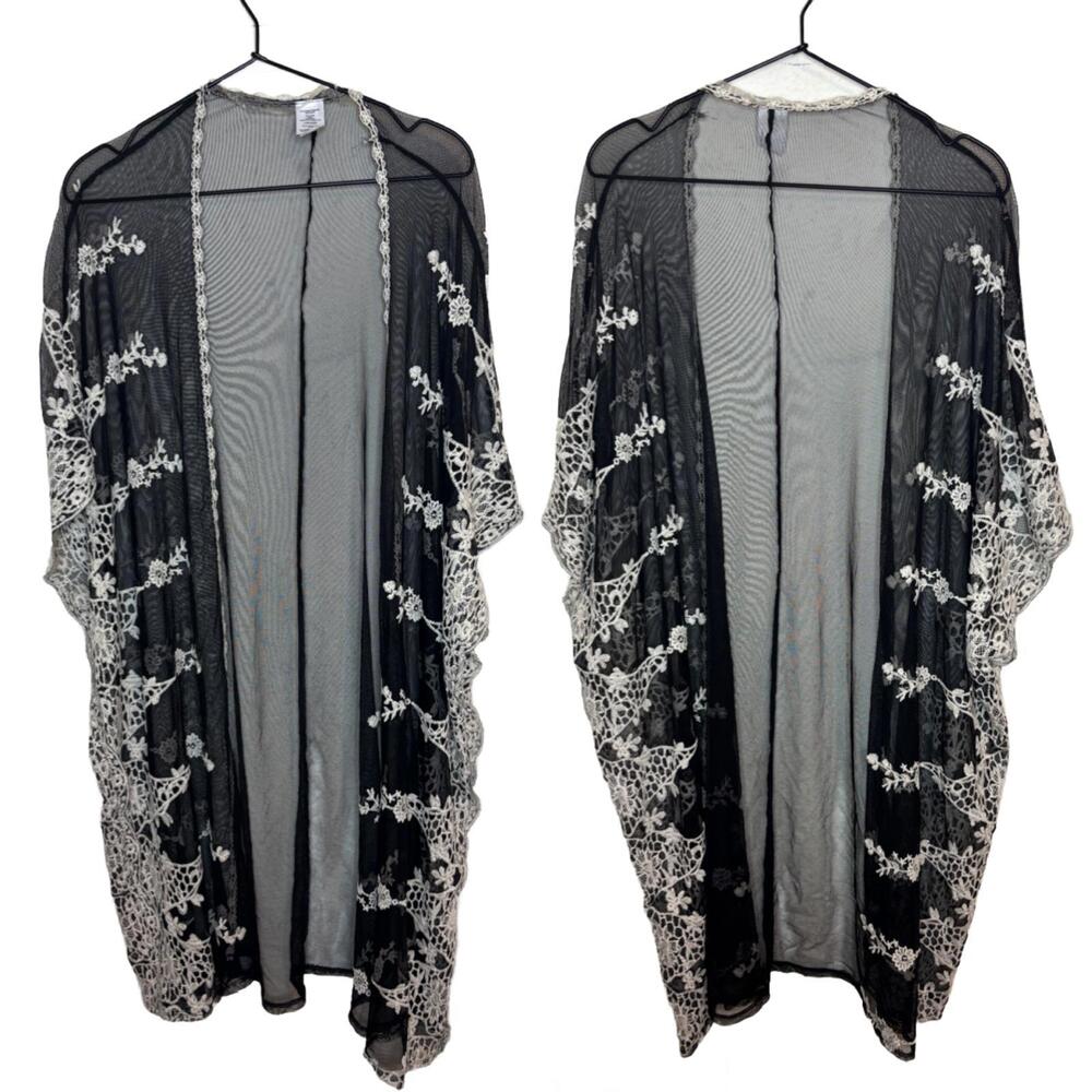 Time & Tru Women's L/XL Sheer Scalloped Embroidered Lace Kimono Duster(1892)